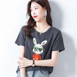 MARK FAIRWHALE 马克华菲 碳灰色短袖T恤女2021年夏季新款宽松大码烫画小兔T恤上衣