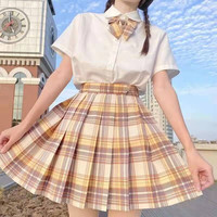 山吹jk制服日系半身裙子格裙全套少女学生长袖衬衫班服百褶裙学院风高腰短裙中牌制服馆 山吹+短袖衬衫+领结 S75-95斤