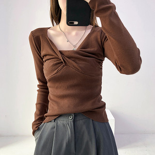 韩版chic设计感交叉v领上衣小心机修身内搭长袖低领打底衫女秋