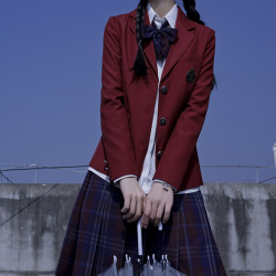 樱花家族 JK制服 徽章西装外套 酒红色