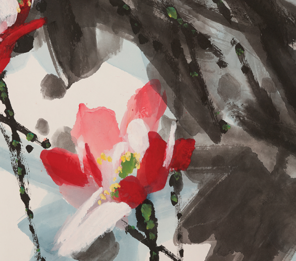 橙舍许固令抽象花卉水墨装饰画红莲映绿塘装裱高80x160cm宣纸雅致胡桃