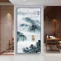 酣墨香新中式入户玄关装饰画一帆风顺竖版走廊过道挂画中国风招财流水生财山水画进门墙壁画 AU108 60*120cm典雅黑色（铝合金拉丝边框+油画布）