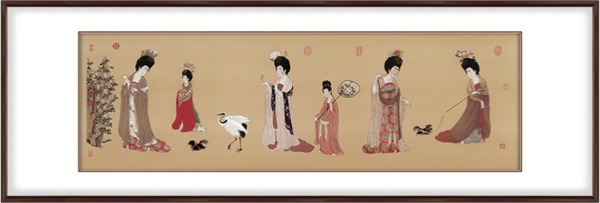 弘舍 周昉 经典名作人物国画《簪花仕女图》成品尺寸193x70cm 绢布 田园柚木 原作版画