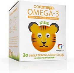 coromega Coromega 儿童 Omega 3 鱼油补充剂，650mg Omega-3s，热带橙+维生素D，30包