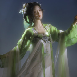 三雨集 月光 改良 绣印花绣花齐胸裙套装 绿/白