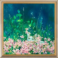 ARTMORN 墨斗鱼艺术 魏盼盼 写实风猫咪花朵油画《描咪・花境》50x50cm 布面油画 手工装裱 实木画框