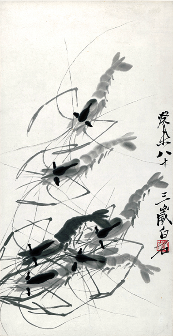 橙舍齐白石水墨画原作版画墨虾画框尺寸80cmx40cm宣纸