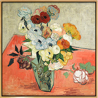 弘舍 梵高 抽象艺术油画《玫瑰与银莲花》成品尺寸70x70cm 油画布 闪耀金