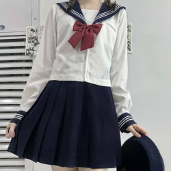 汝汝同学 JK制服 绀色领白三本 长袖水手服套装