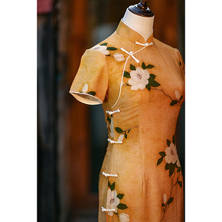 黄色民国风老上海旗袍素雅复古气质年轻款秋季改良日常女高端裙装 黄色