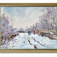 上品印画 莫奈 欧式餐桌客厅装饰画《阿让特伊雪景》30x40cm 油画布 细边金色框