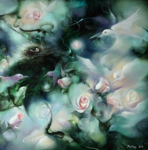 artmorn墨斗鱼艺术蒲冬抽象艺术花鸟油画飞鸟集60x100cm布面油画环保