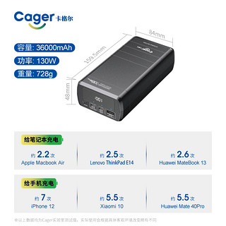 Cager 卡格尔 笔记本充电宝PD100W双向超级快充36000毫安超大容量联想华硕惠普电脑移动电源适用于小米华为苹果手机  PDC130 38000毫安