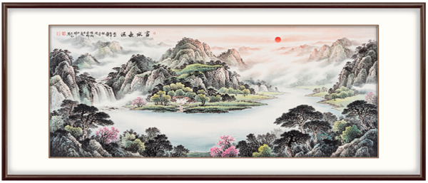 弘舍 刘文元 山水风景装饰画《富水长流》成品尺寸210x90cm 宣纸 雅致胡桃