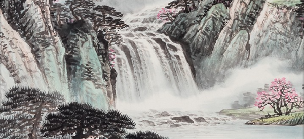 弘舍 刘文元 山水风景装饰画《富水长流》成品尺寸210x90cm 宣纸 雅致胡桃