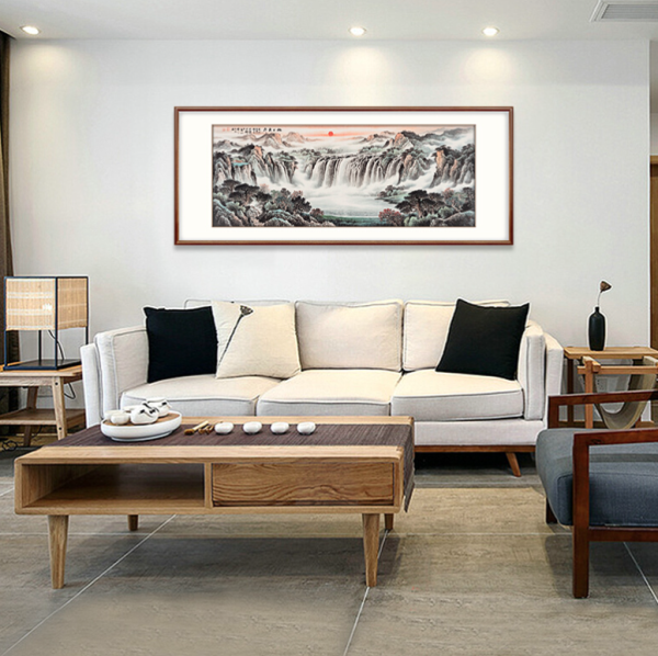弘舍 刘文元 山水风景装饰画《富水长流》成品尺寸210x90cm 宣纸 雅致胡桃