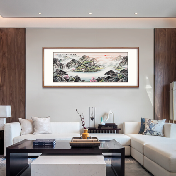 弘舍 刘文元 山水风景装饰画《富水长流》成品尺寸210x90cm 宣纸 雅致胡桃