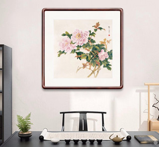 HONGYAN 泓砚 新中式国画斗方花《花开富贵》65×65cm 宣纸 室走廊过道玄关挂画