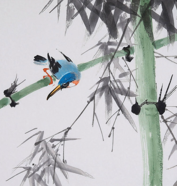 朶云轩黄幻吾木版水印画青竹翠鸟画芯43x326m宣纸中式花鸟装饰画