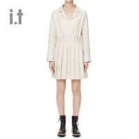 it b+ab女装翻领连衣裙2021春季新品时髦气质长袖百褶短裙1204JG(40、BGL/白色)
