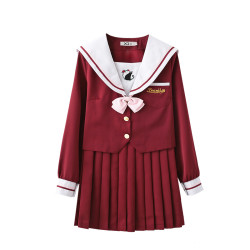 小瑾原创 jk制服 玫瑰与猫 长袖裙套装 酒红色