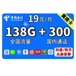 CHINA TELECOM 中国电信 翼微卡 19元/月（108G通用流量+30G定向流量+300分钟）