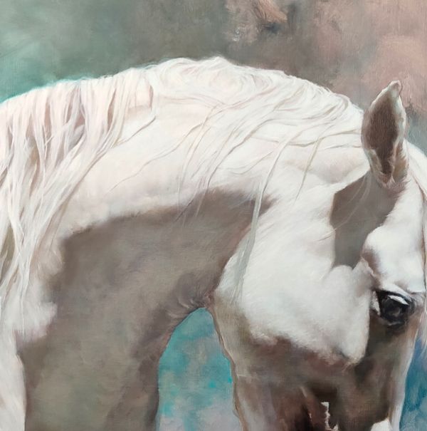 ARTMORN 墨斗鱼艺术 张勇 纯手绘骏马油画《白马1》90x60cm 布面油画 手工装裱