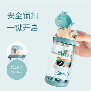 希乐儿童水杯幼儿园宝宝可爱卡通防摔把手背带便携学生水壶吸管杯 XL-1931S绿色450ml