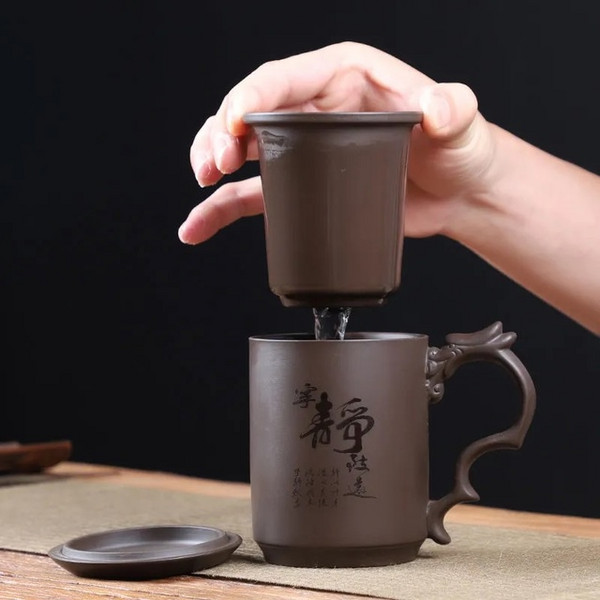 紫砂茶杯 茶水分离杯 内胆过滤杯 紫砂 半手工工艺 