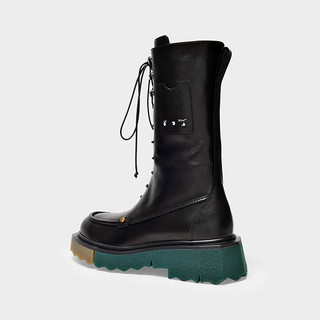 OFF WHITE Sponge Pocket Combat Boot 黑色皮质高筒靴正品（IT38、黑色）