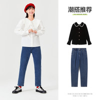 Semir 森马 2021冬季新款娃娃领泡泡袖纯棉可爱风上衣俏皮韩版长袖衬衫女 本白1100 S
