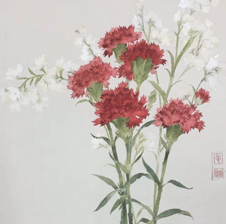ARTMORN 墨斗鱼艺术 毛迪 工笔花卉水墨画原作《康乃馨》41×32cm 国画 环保画框