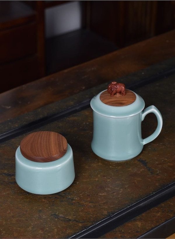 龙泉青瓷 鸿运当头茶叶罐+茶杯 6.5x8cm 8.5x14cm 原矿釉 艺术瓷