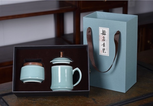 龙泉青瓷 鸿运当头茶叶罐+茶杯 6.5x8cm 8.5x14cm 原矿釉 艺术瓷