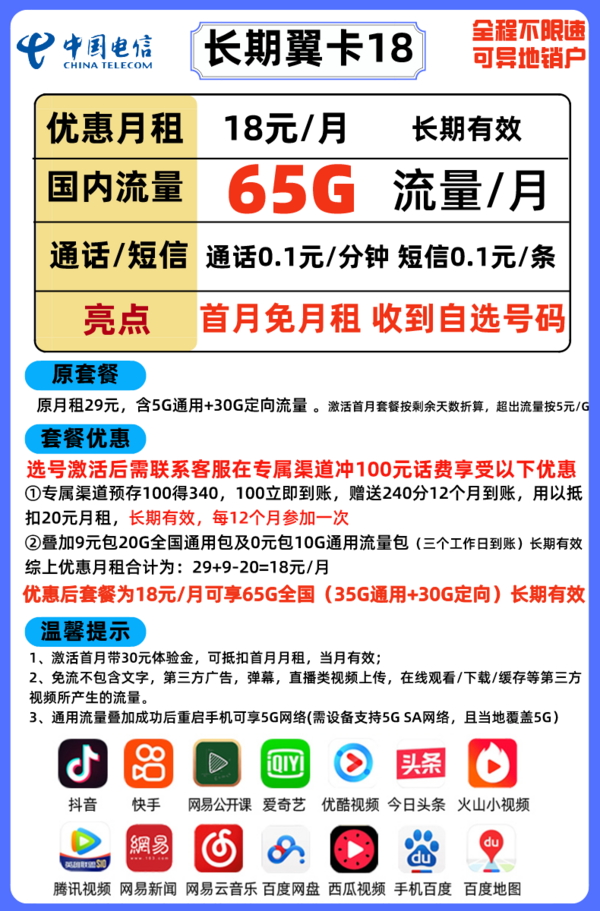 CHINA TELECOM 中国电信 长期翼卡（35G通用+30G定向）