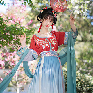 池夏 改良 唐制汉服 南风有信:玉妍 女士坦领半臂短衫褶裙 S1855 红蓝 M