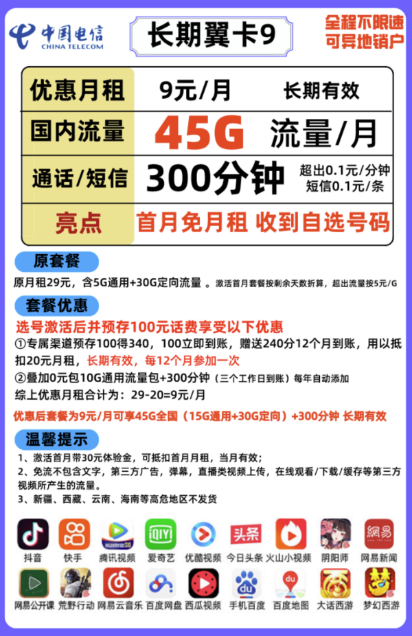 CHINA TELECOM 中国电信 长期翼卡（45G全国流量+300分钟通话）