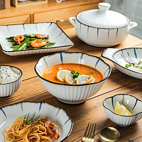 舍里日式陶瓷碗创意个性家用餐具米饭碗碟菜盘鱼盘大汤碗 8英寸花边汤碗