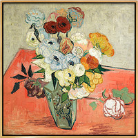 弘舍 梵高 抽象艺术油画《玫瑰与银莲花》成品尺寸70x70cm 油画布 闪耀金