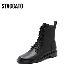 STACCATO 思加图 2021冬季新款黑酷马丁靴圆头粗跟短靴潮流女皮靴子9Y615DD1