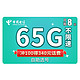 CHINA TELECOM 中国电信 4g纯上网无限流量大王月租不限速 玉兔卡8元（65G流量+300通话）