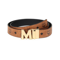 MCM 奢侈品 男女中性涂层帆布配皮板扣式双面皮带腰带干邑色黑色LOGO图案金色扣头 MXBAAVI04CO001