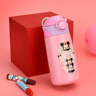 迪士尼（Disney）儿童保温杯不锈钢带吸管保温水瓶学生防漏水杯子 390ML粉色松松