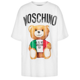 莫斯奇诺MOSCHINO 奢侈品 女士泰迪小熊Logo印花圆领短袖T恤白色棉质 E A0708 0540 1001 L码