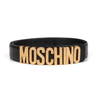 MOSCHINO 女士皮革配金色金属logo饰铆钉板扣皮带腰带 黑色 8013 8006 0555 42码
