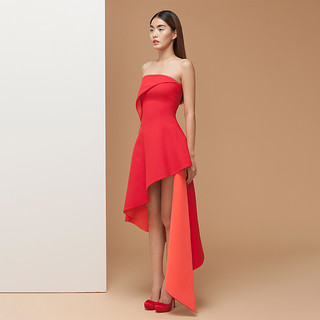 POEM泰国品牌2021新款抹胸连衣裙明星同款不规则修身拼接礼服裙子 红色