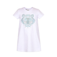 KENZO 凯卓 高田贤三 KENZO KIDS 奢侈品童装 21春夏 女童棉纤虎头刺绣圆领短袖连衣裙 白色 KS30228 01 10A/10岁/140cm