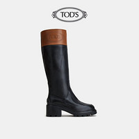TOD'S官方2021早秋新款女鞋女士牛皮高跟长靴女高筒粗跟时尚 黑/棕 37.5