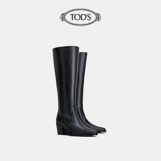 TOD'S官方2021早秋新款女鞋女士高筒粗跟牛皮皮靴长筒靴女 黑色 36.5