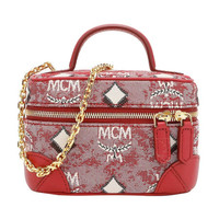 MCM 奢侈品 女士Vintage Jacquard Monogram 红色织物配牛皮革超迷你手提单肩斜挎包化妆箱MWRBATQ02RE001